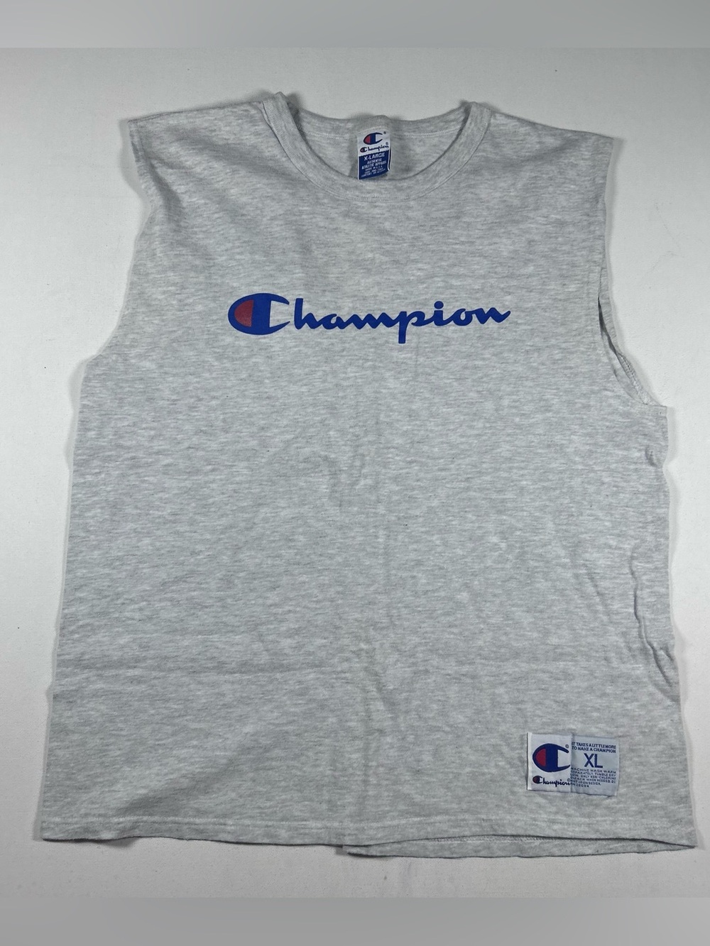 Vintage 90s Champion Tank Top XL Gray Sleeveless Shirt Center Logo Made USA
